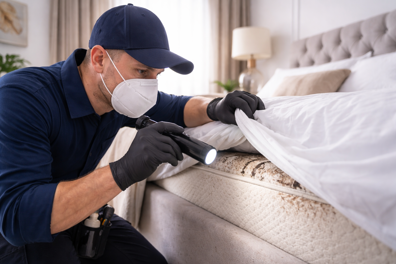 Pest control technician inspecting bed for bed bugs