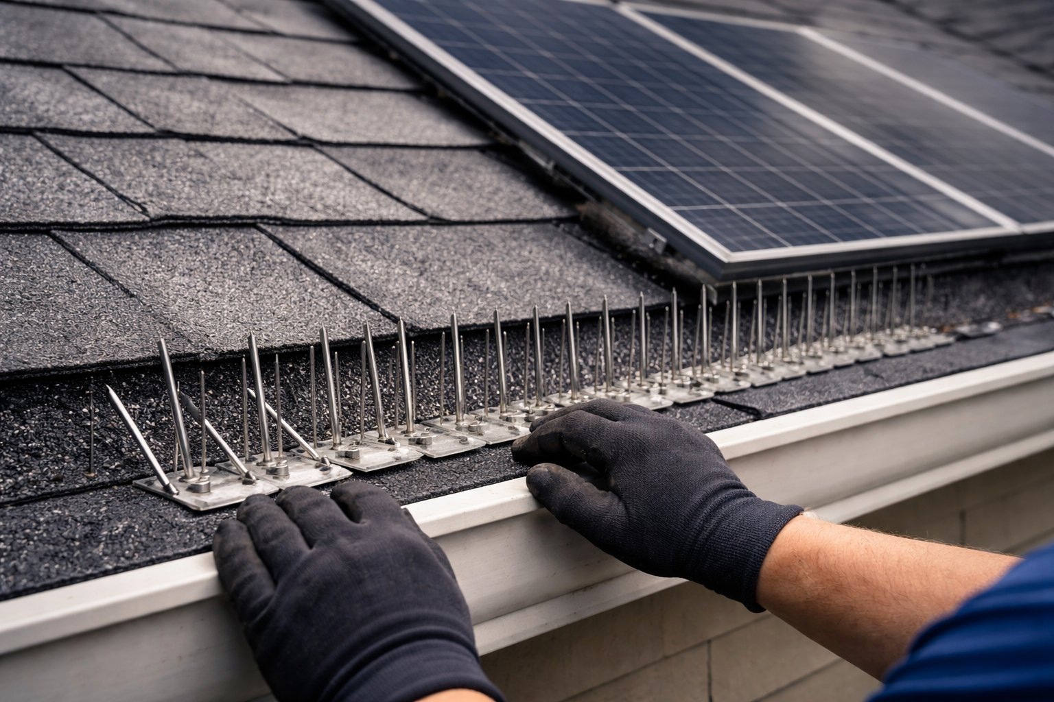 Bird spikes installed along roof edge to prevent nesting