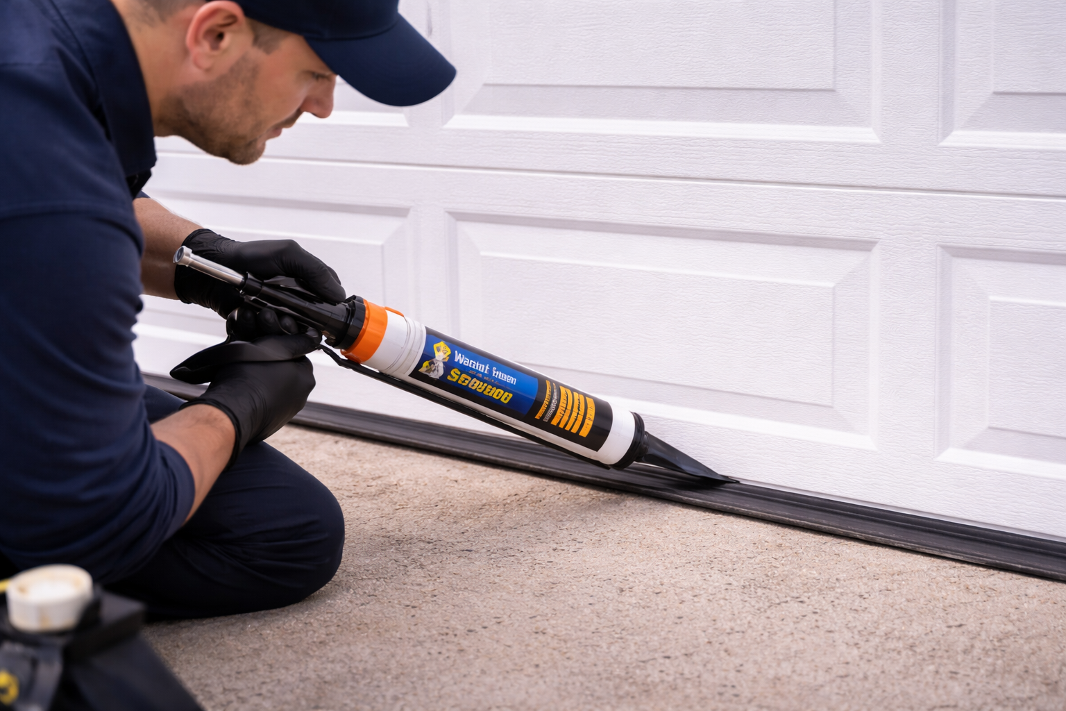 Technician sealing garage door edge for pest prevention