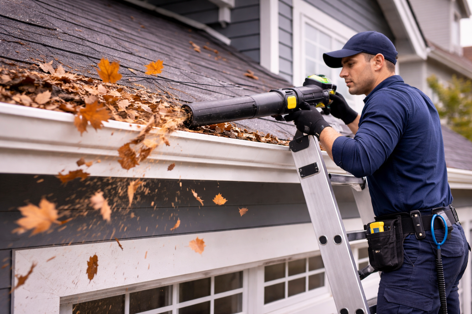 Close-up of overflowing gutter filled with wet leaves