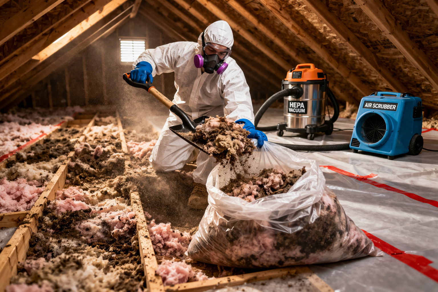 Technician removing contaminated attic insulation safely
