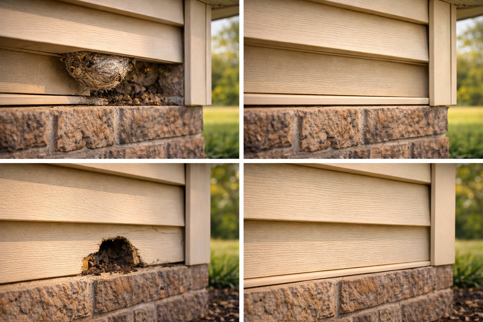 Before and after pest control service in Blanchard Oklahoma showing sealed home exterior and pest-free result