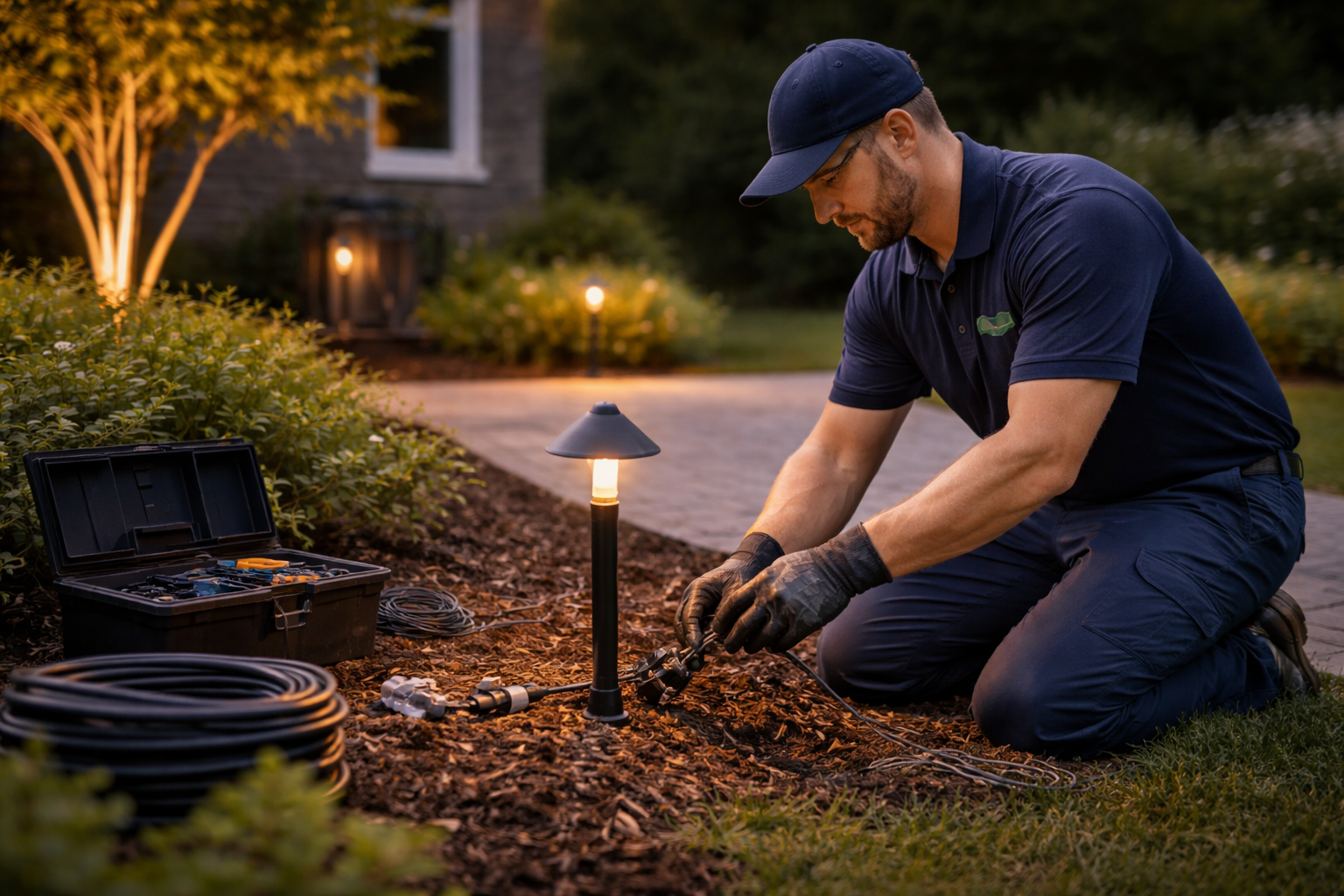 Technician installing low voltage outdoor lighting along residential walkway and landscaping